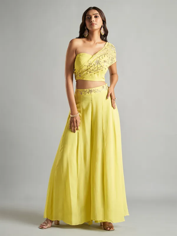 Delightful yellow georgette palazzo suit