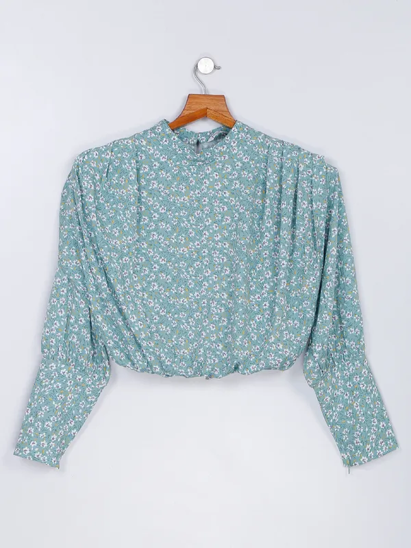 Desi Belle sea green silk printed crop top