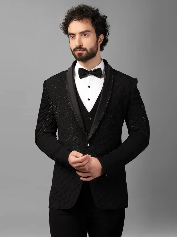 Designer black coat suit with cutdana work