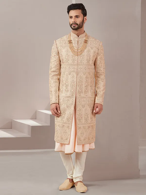 Designer peach color raw silk fabric sherwani