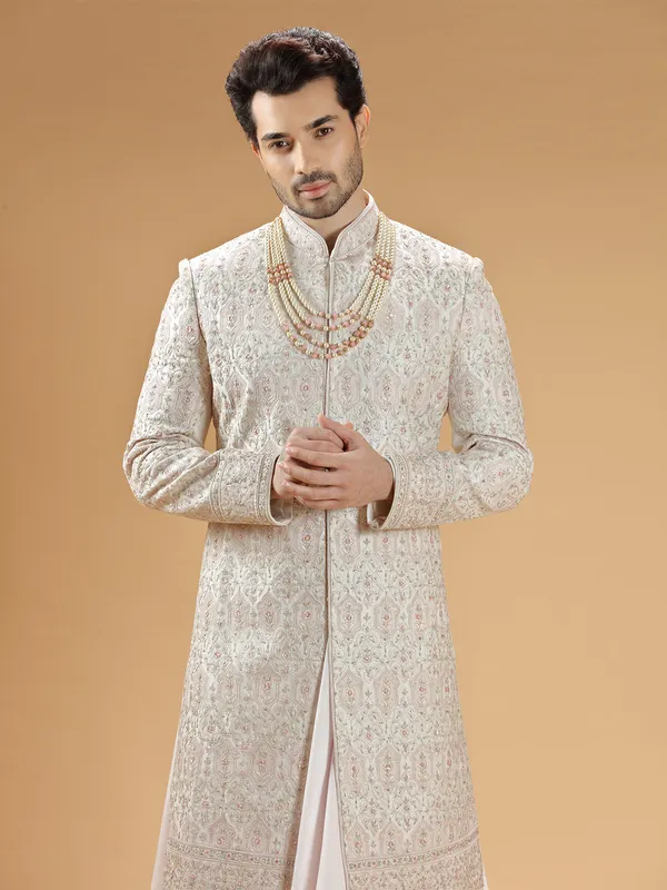 Designer peach raw silk sherwani