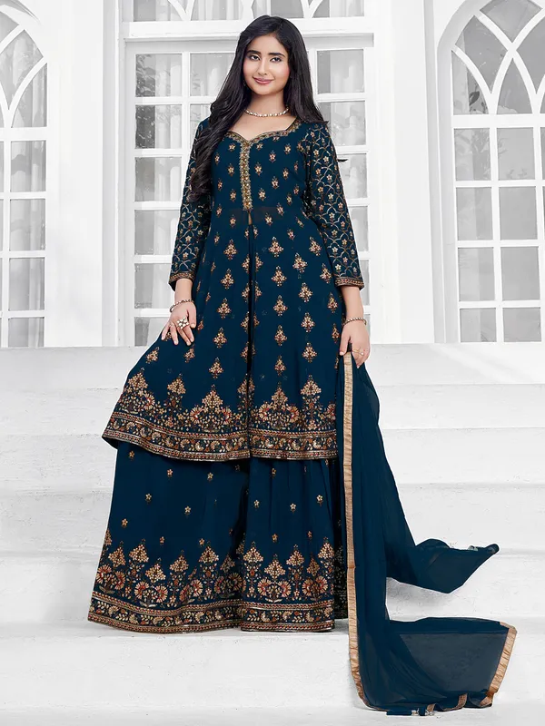 Designer pecock blue georgette palazzo suit