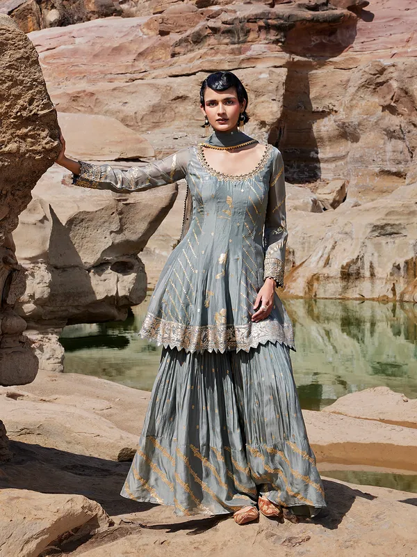 Detailed grey organza palazzo salwar suit