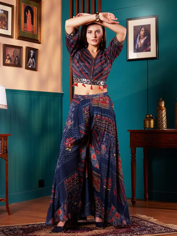 Detailed navy printed palazzo salwar suit