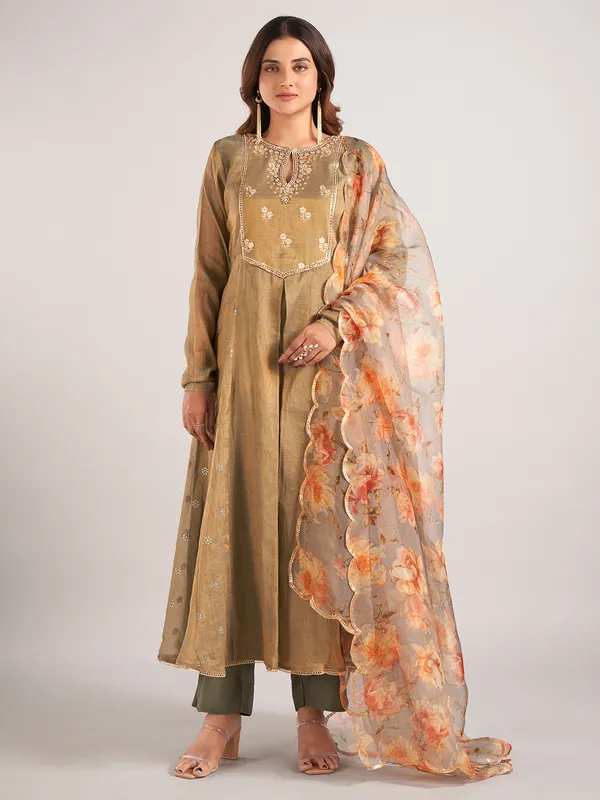 Dhoop chav Brown green soft silk salwar suit