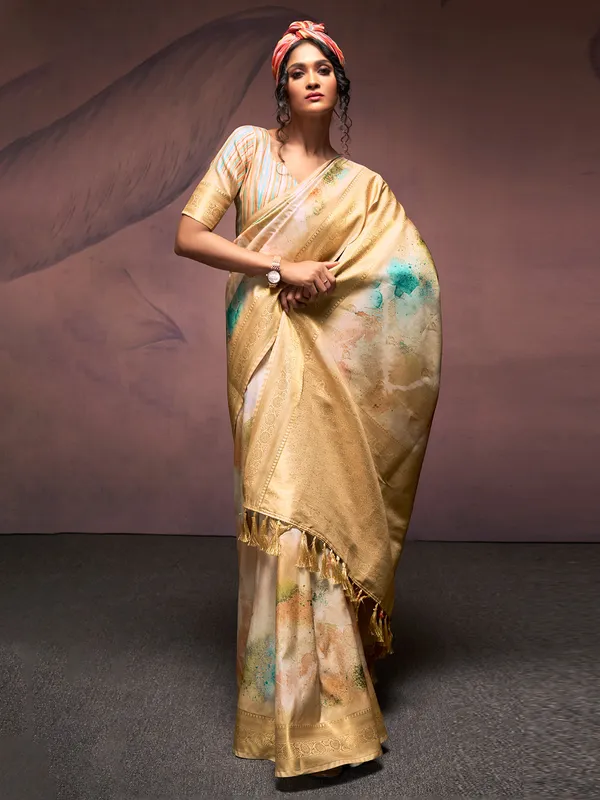 Digital printed cream soft silk saree