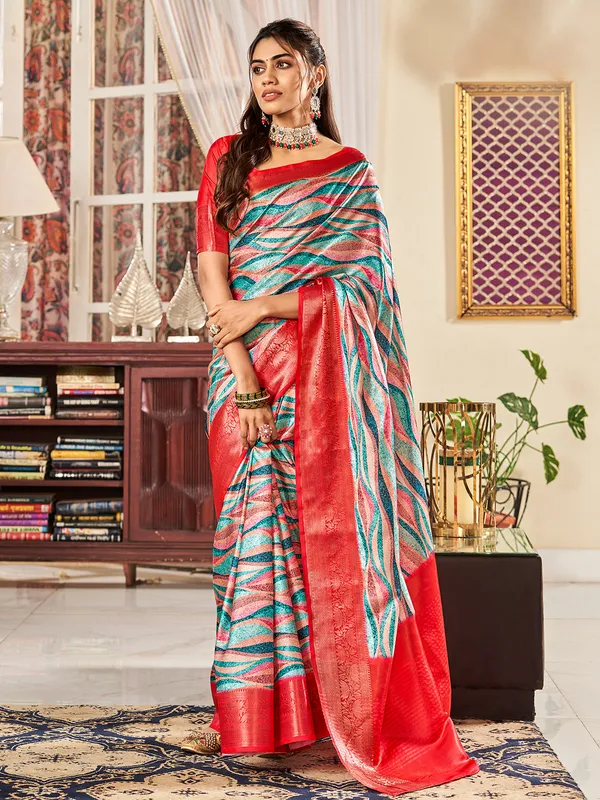 Digital printed multi color satin saree