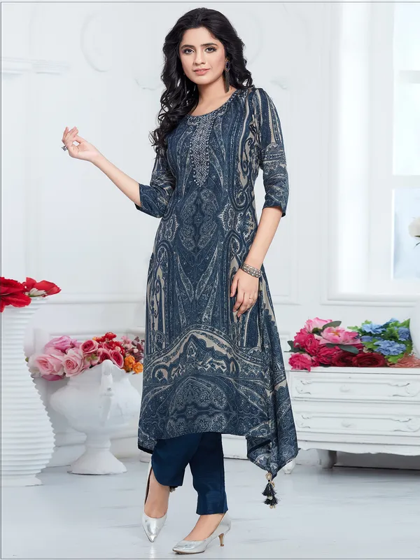 Digital printed teal blue a-line kurti