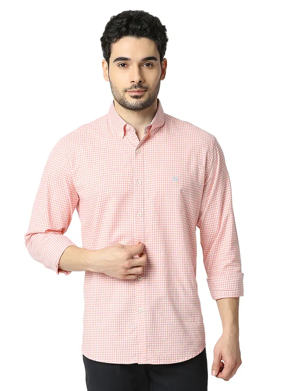 DRAGON HILL checkered peach cotton casual shirt
