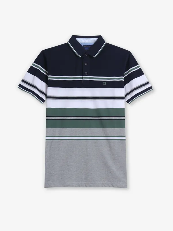 DRAGON HILL cotton navy color block stripe t-shirt