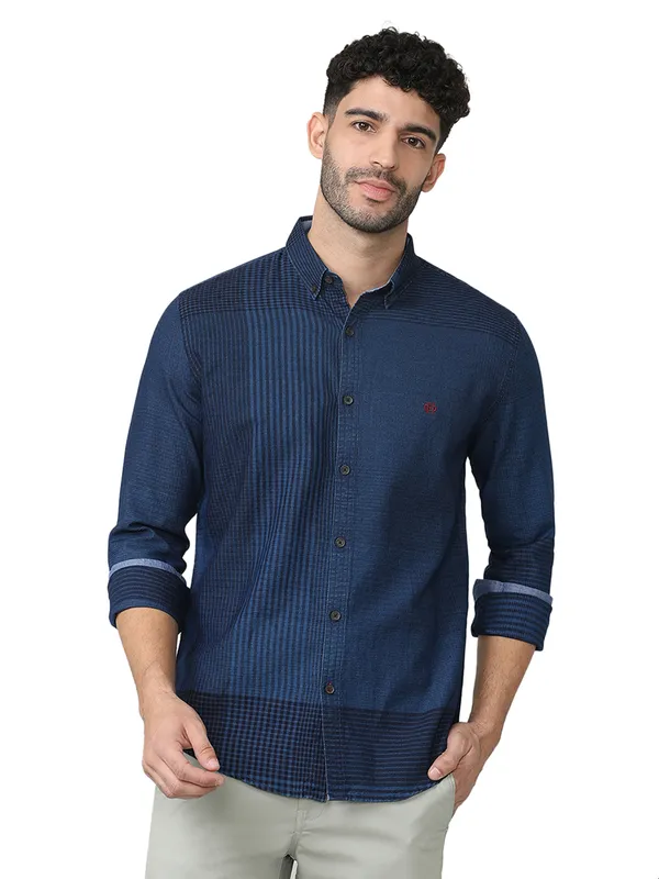 DRAGON HILL indigo blue checkered cotton shirt