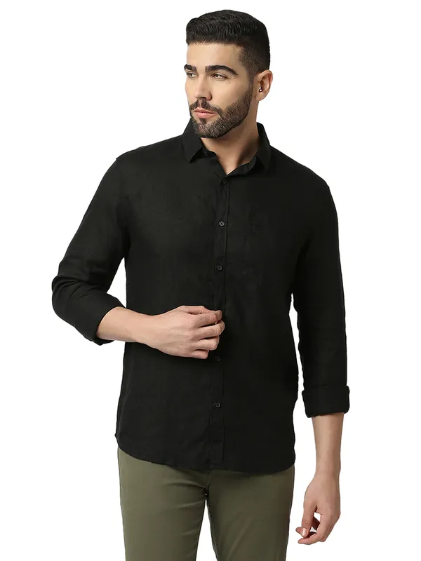 DRAGON HILL solid black linen casual shirt