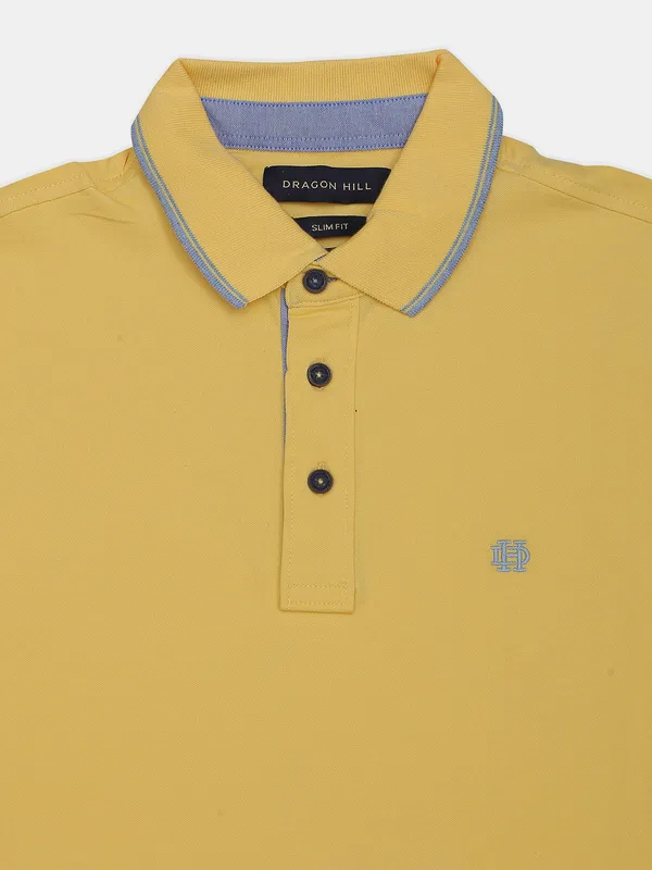 Dragon Hill solid yellow cotton casual polo t-shirt