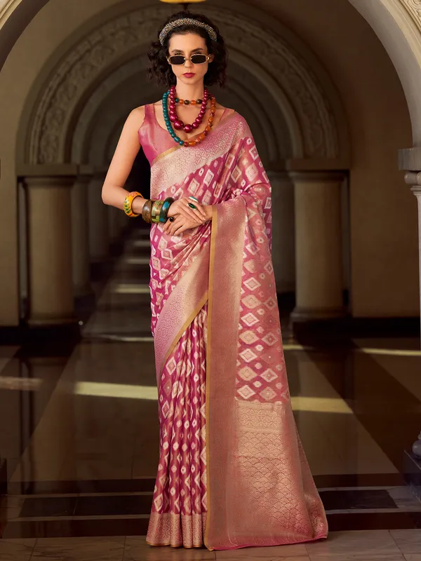 Dull magenta zari worked saree in tissue silk
