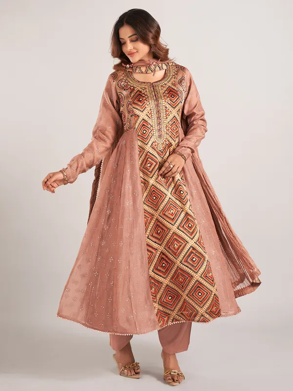 Dusty beige printed cotton silk salwar suit for women