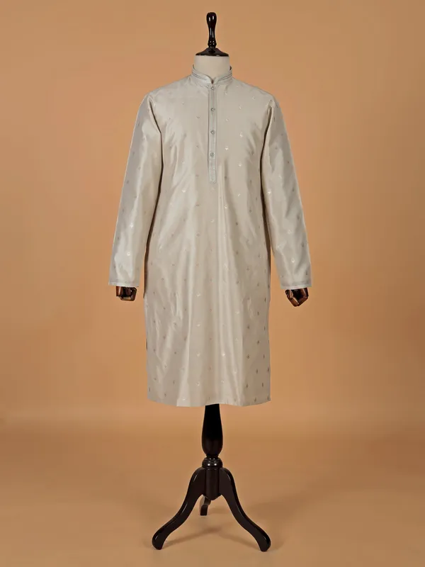 Dusty grey silk kurta suit in zari weaved design