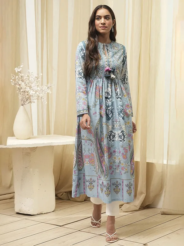Dusty light blue printed silk kurti