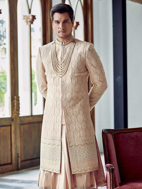 Dusty peach silk groom sherwani