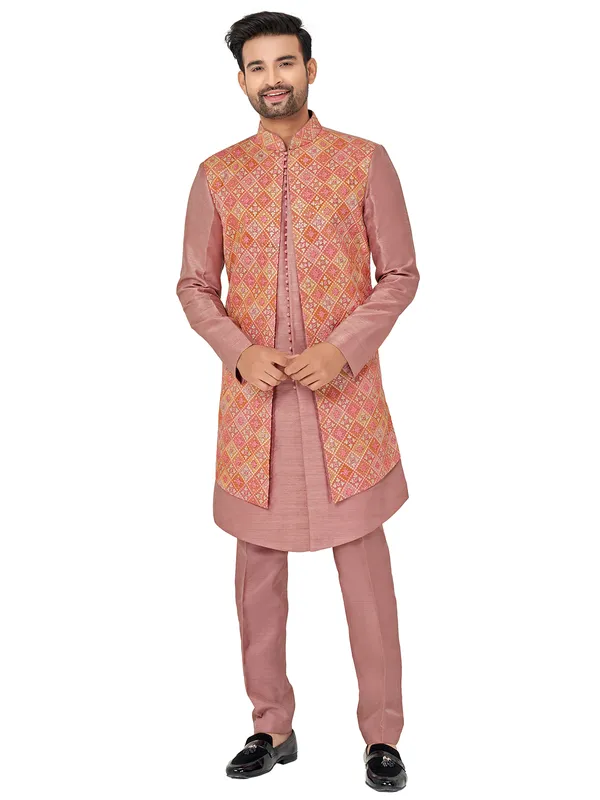 Dusty peach silk printed indowestern