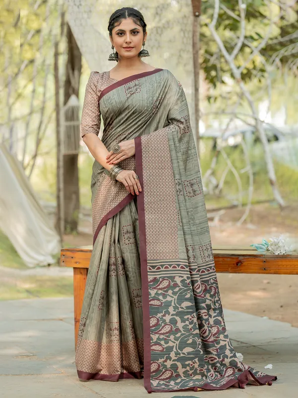 Dusty pista green printed kozi silk saree