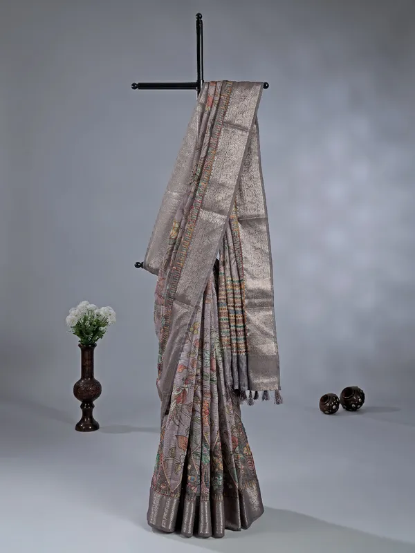 Dusty purple printed saree with zari weaving
