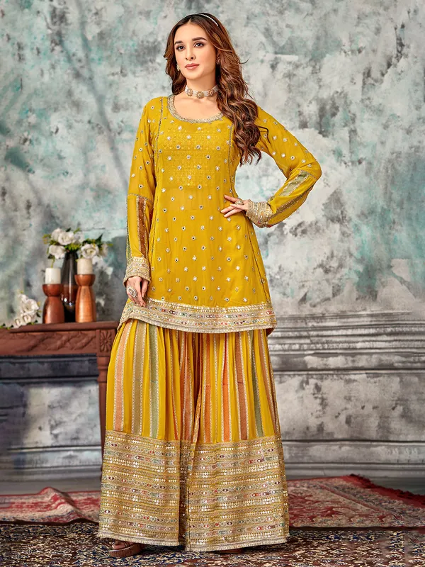 Dusty yellow georgette sharara suit