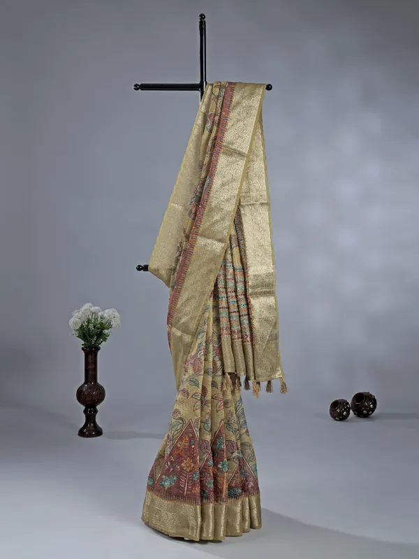 Dusty yellow printed saree with zari weaving