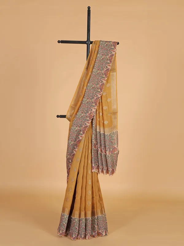 Dusty yellow semi cotton silk festive wear saree