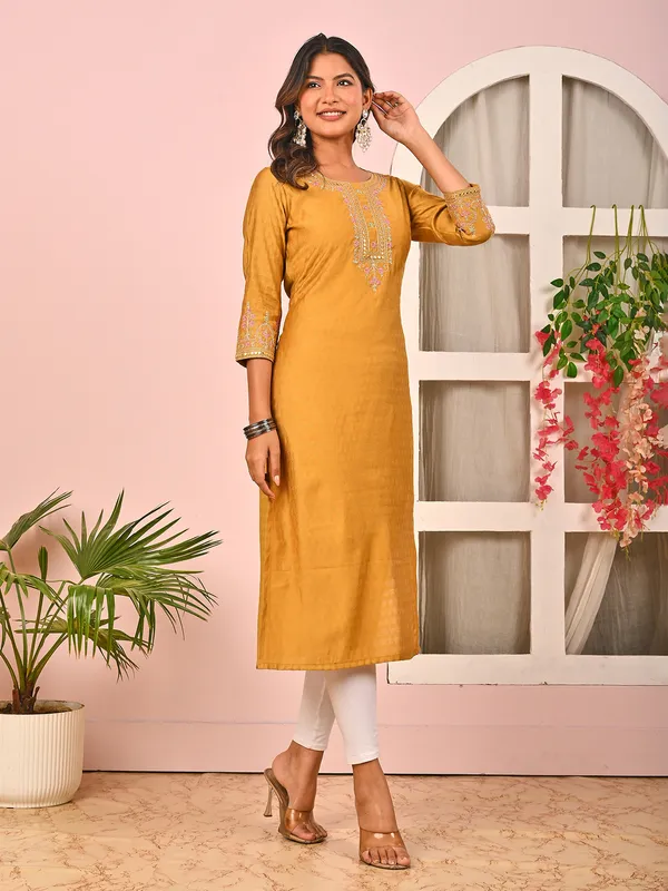 Dusty yellow silk aabla work casual kurti