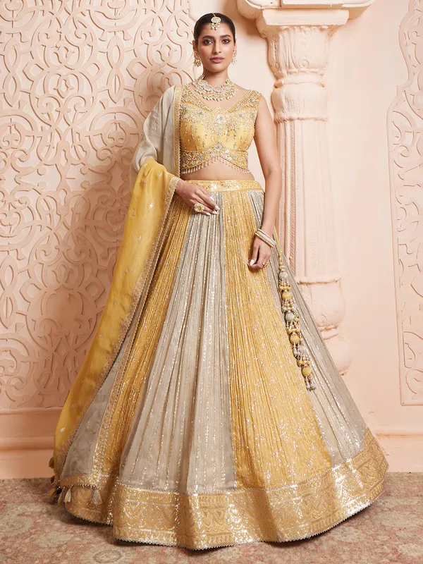Dusty yellow tissue lehenga choli with dupatta
