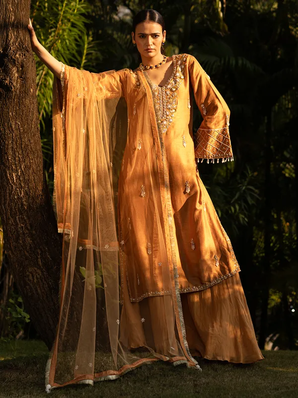 Earthy mustard yellow raw silk palazzo suit