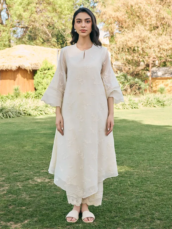 Ecru white muslin cotton salwar suit for women