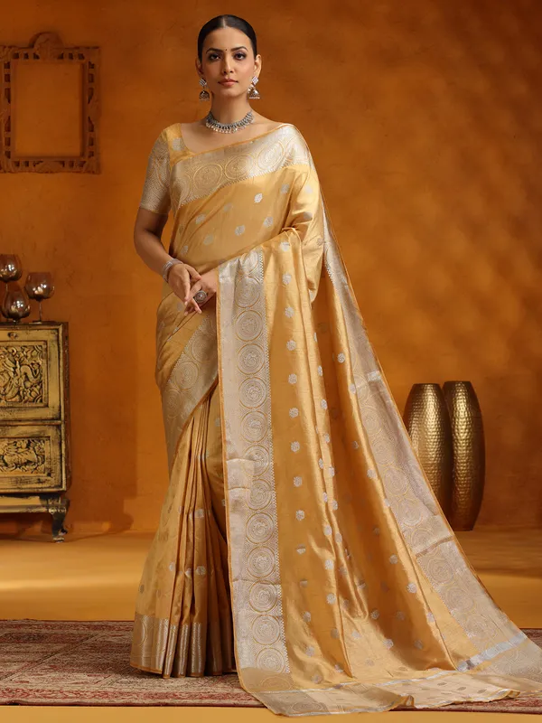 Elegant beige silk saree with zari weaving