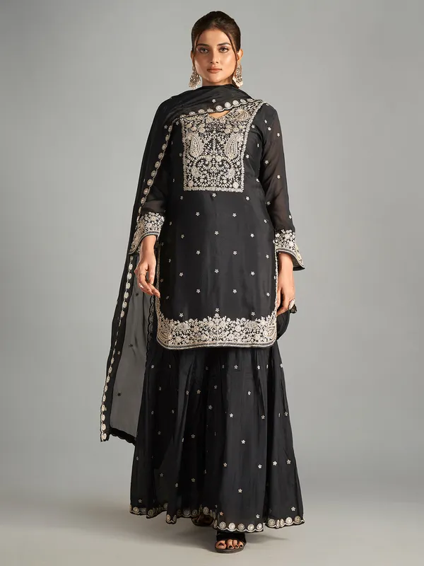 Elegant black chiffon sharara suit