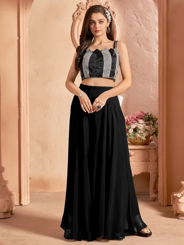 Elegant black georgette crop top with palazzo