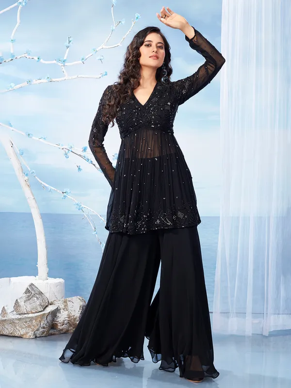 Elegant black georgette palazzo suit for party