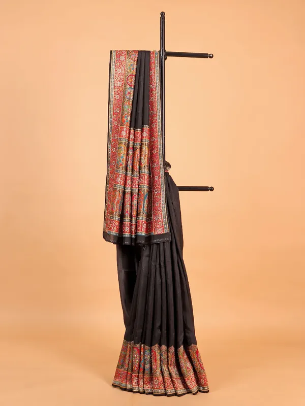 Elegant black silk saree with unstitched blouse