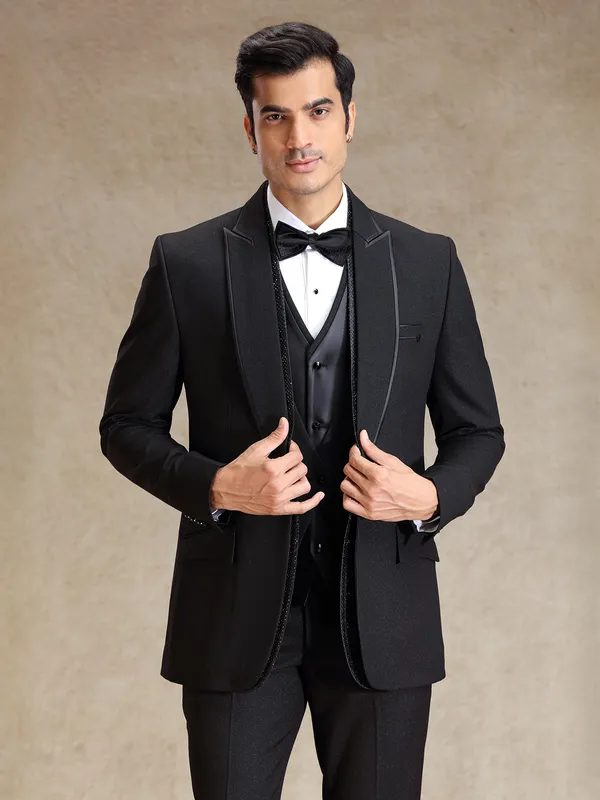 Elegant black terry rayon tuxedo 5 pcs suit for men