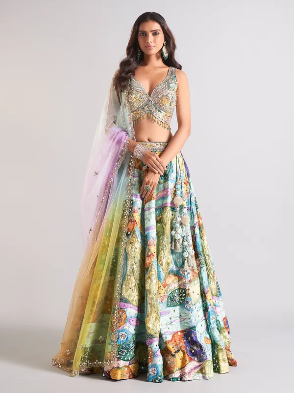 Elegant blue lehenga choli in silk