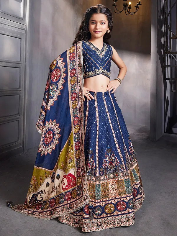 Elegant blue printed silk lehenga choli