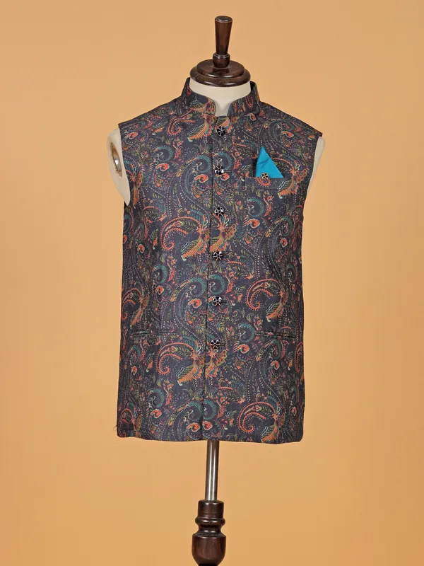 Elegant blue terry rayon printed waistcoat
