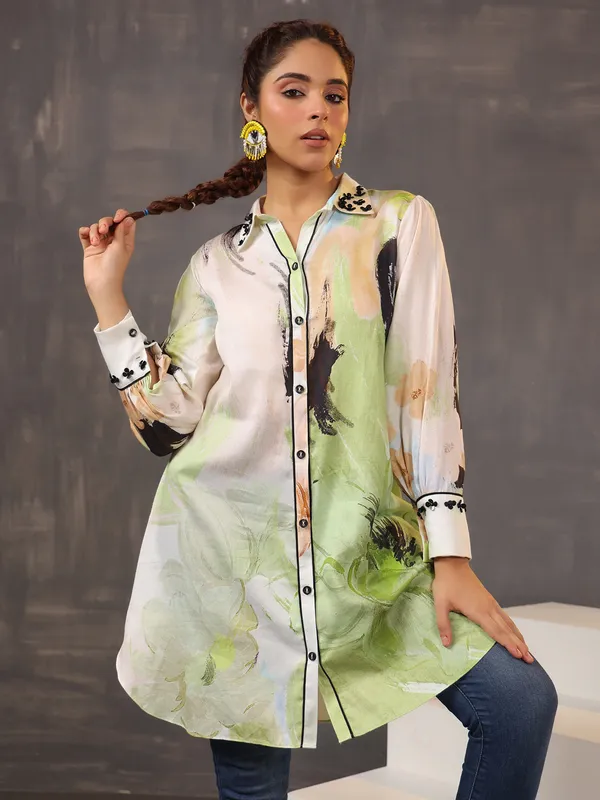 Elegant cream and beige silk tunic top