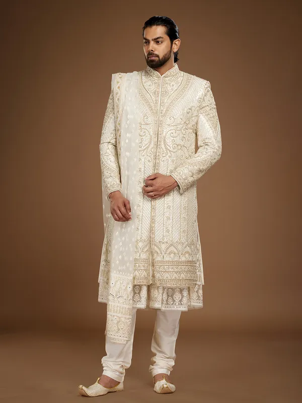 Elegant cream embroidery groom sherwani