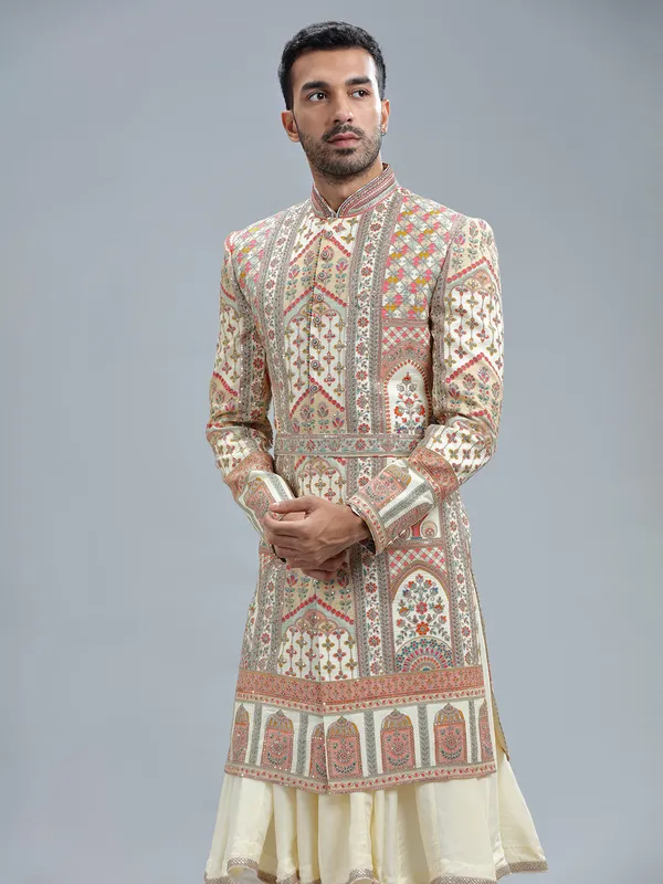 Elegant cream raw silk groom sherwani