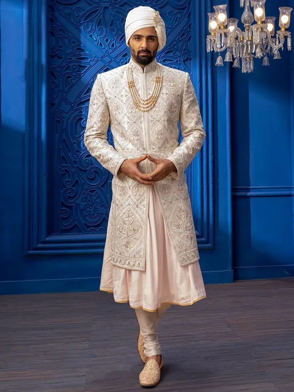 Elegant cream silk sherwani