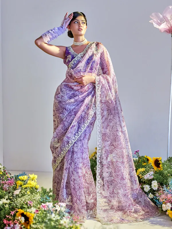 Elegant dark purple printed tissue silk saree