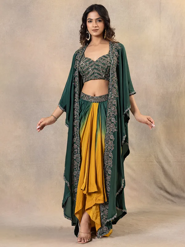 Elegant green silk indowestern suit for women