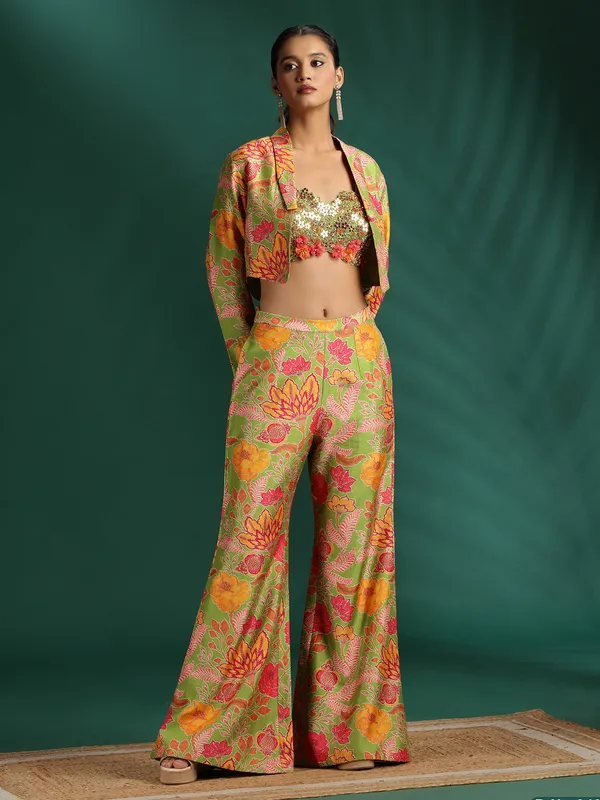 Elegant green silk palazzo suit with jacket