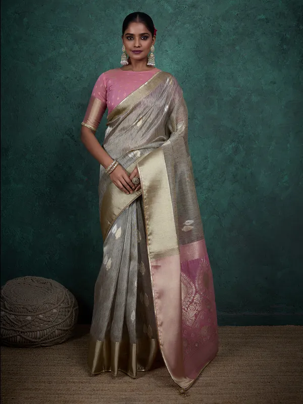 Elegant grey linen blend saree with zari weaving