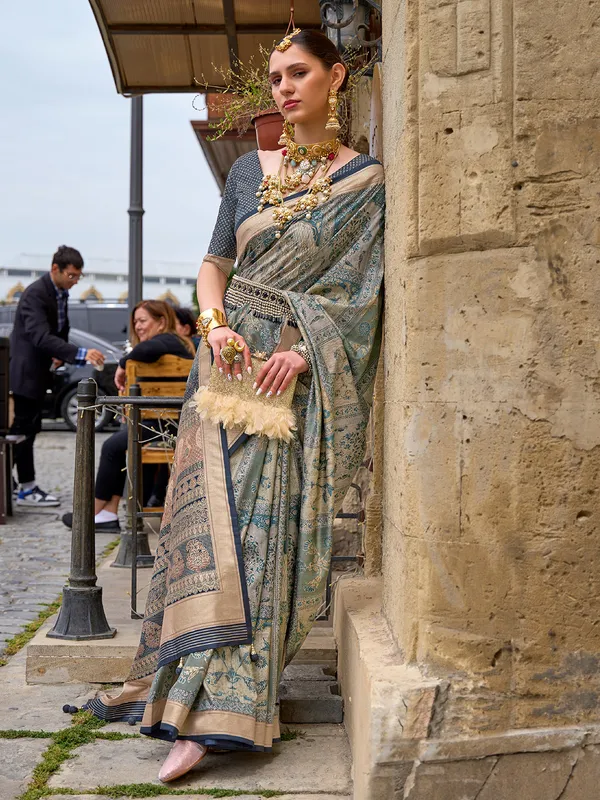 Elegant grey printed saree in silk